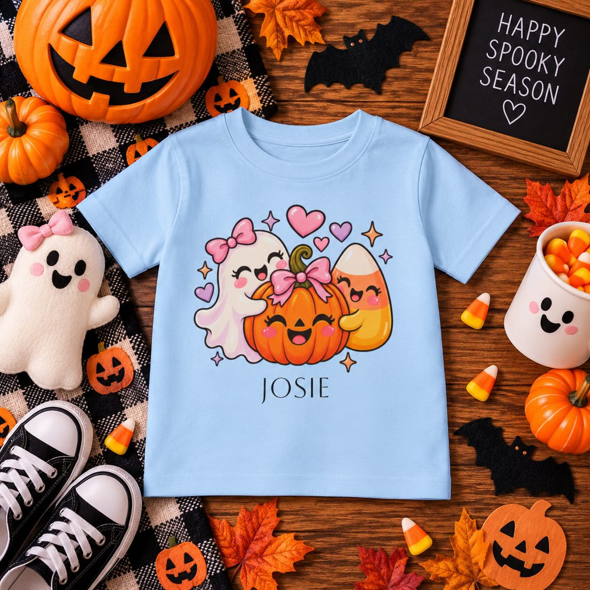 Personalized ghost and pumpkin toddler Halloween t-shirt, folded product shot