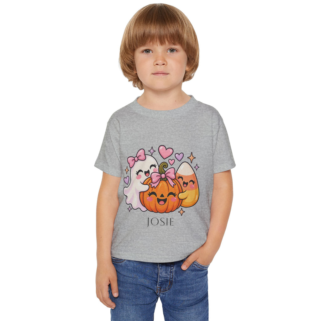 Personalized ghost and pumpkin toddler Halloween t-shirt in heather grey colorway