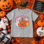 Personalized ghost and pumpkin toddler Halloween t-shirt in pink colorway