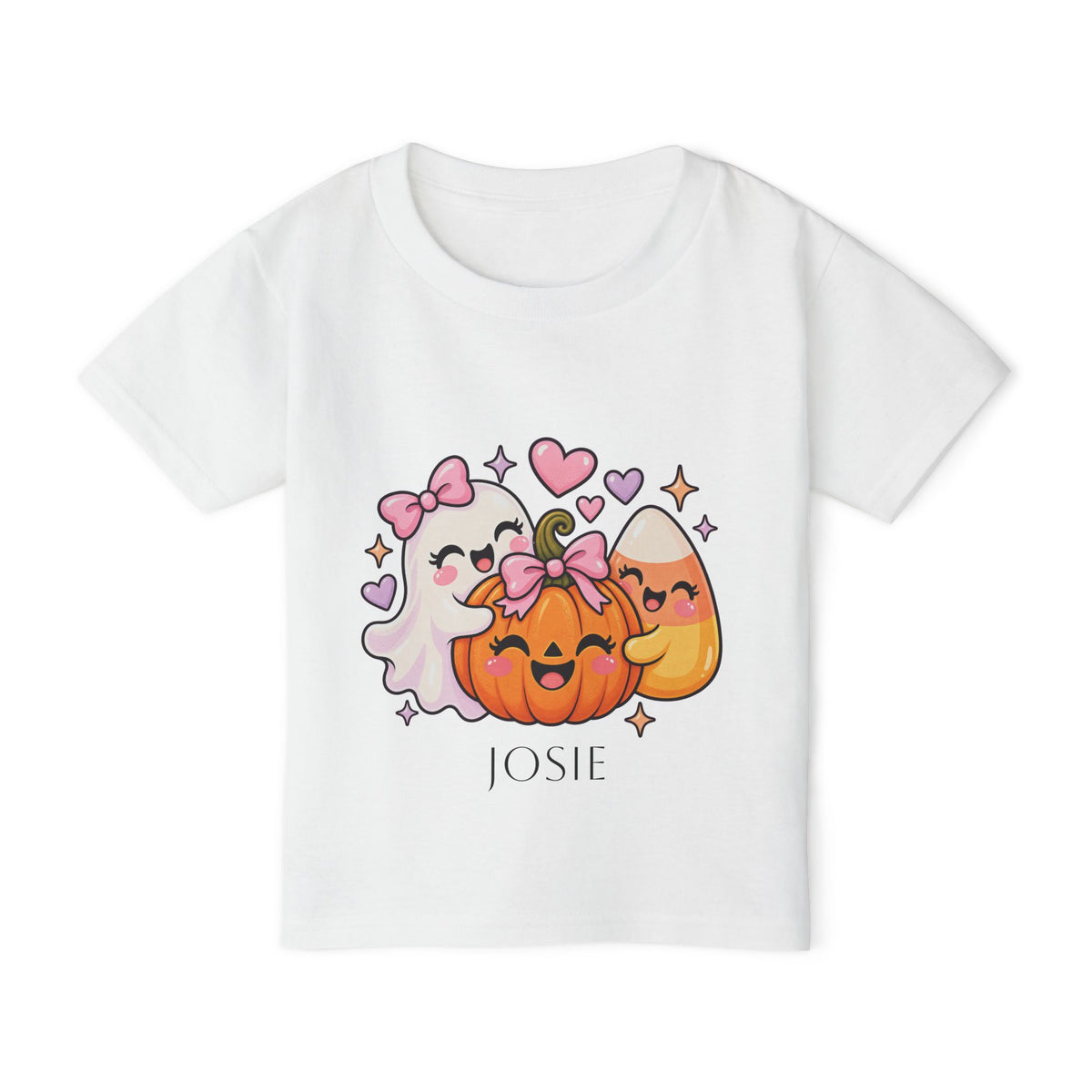 Personalized ghost, pumpkin and candy corn toddler Halloween t-shirt with custom name, front flat lay