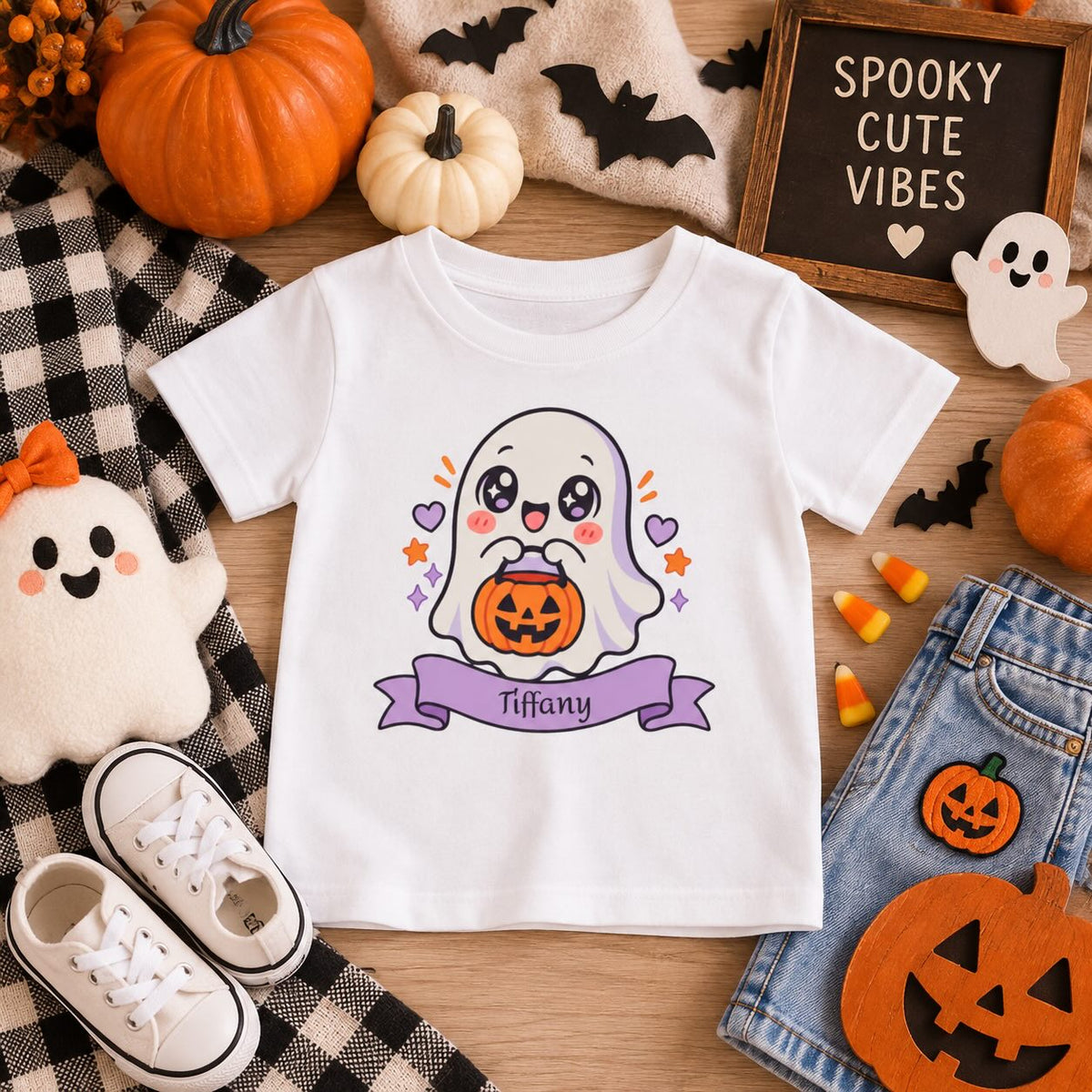 Toddler boy wearing personalized ghost Halloween t-shirt