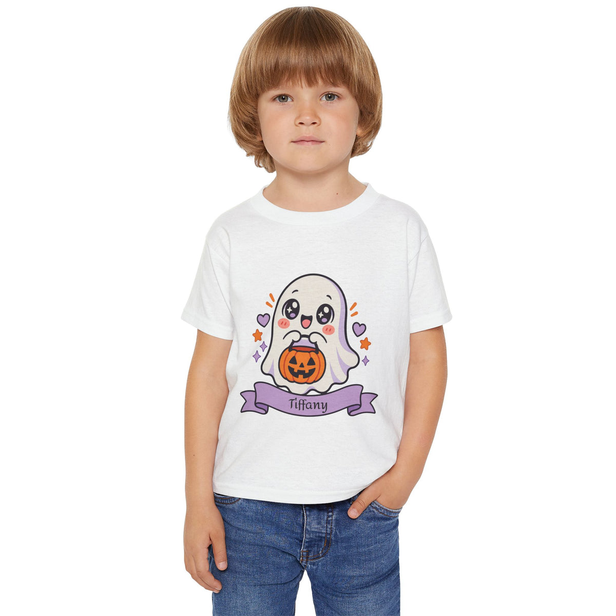 Close-up of cute ghost and pumpkin pail graphic with custom name banner