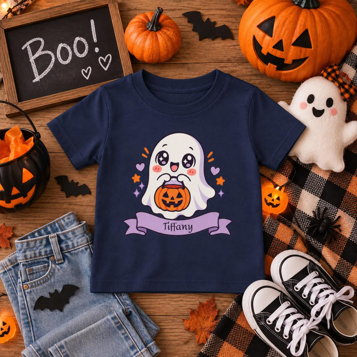 Toddler wearing personalized ghost Halloween t-shirt at a Halloween party