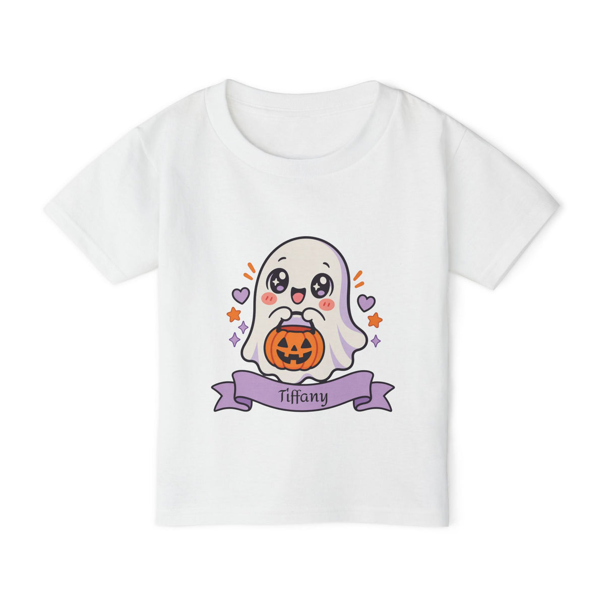 Personalized ghost Halloween toddler t-shirt with custom name banner, front flat lay