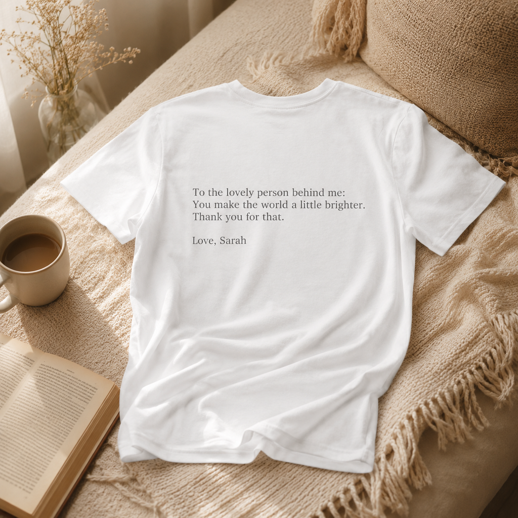 Personalized kindness note t-shirt folded on a couch with coffee and a book