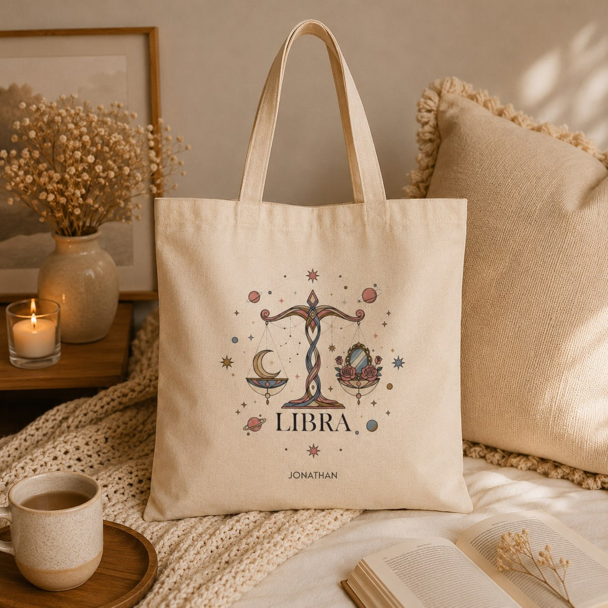 Personalized Libra zodiac tote bag styled on a tabletop with home decor