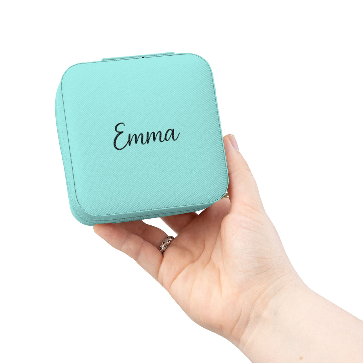 Back view of the pink personalized minimalist jewelry travel case, plain exterior