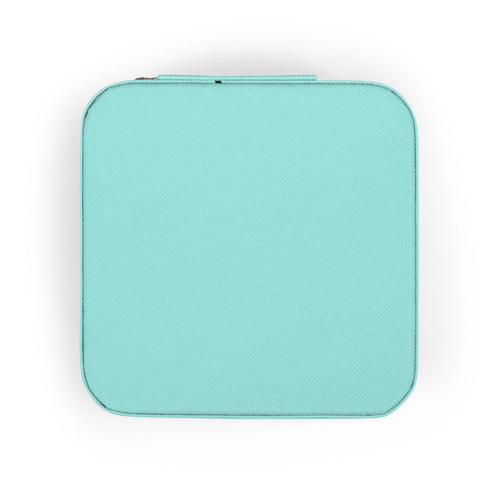 Back view of the Tiffany blue personalized minimalist jewelry travel case, plain exterior