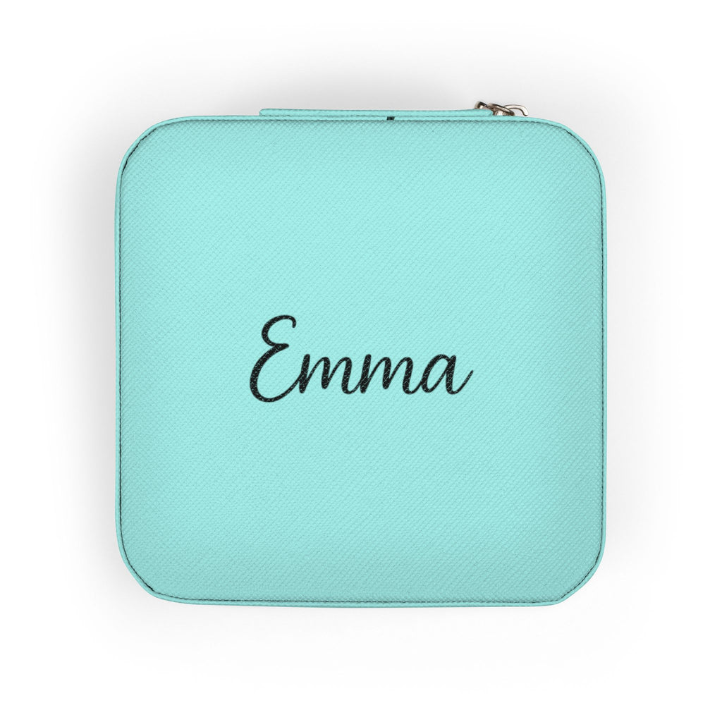 Personalized minimalist jewelry travel case in Tiffany blue with custom name, flat top-down view