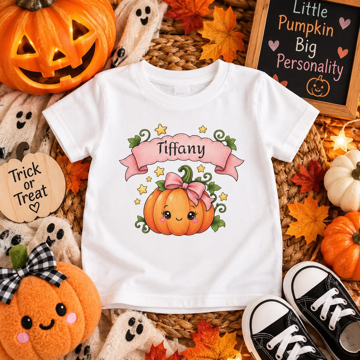 Toddler boy wearing personalized pink pumpkin Halloween t-shirt