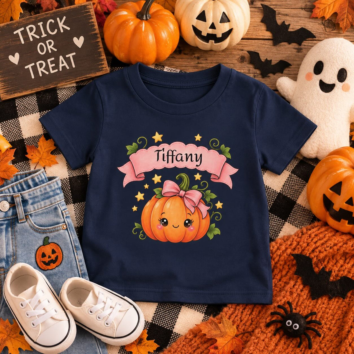 Toddler wearing personalized pink pumpkin Halloween t-shirt at a pumpkin patch