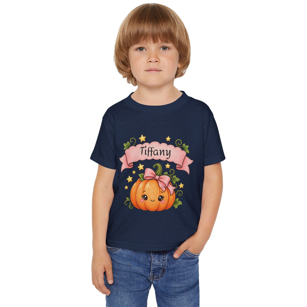 Personalized pink pumpkin Halloween toddler t-shirt in white colorway