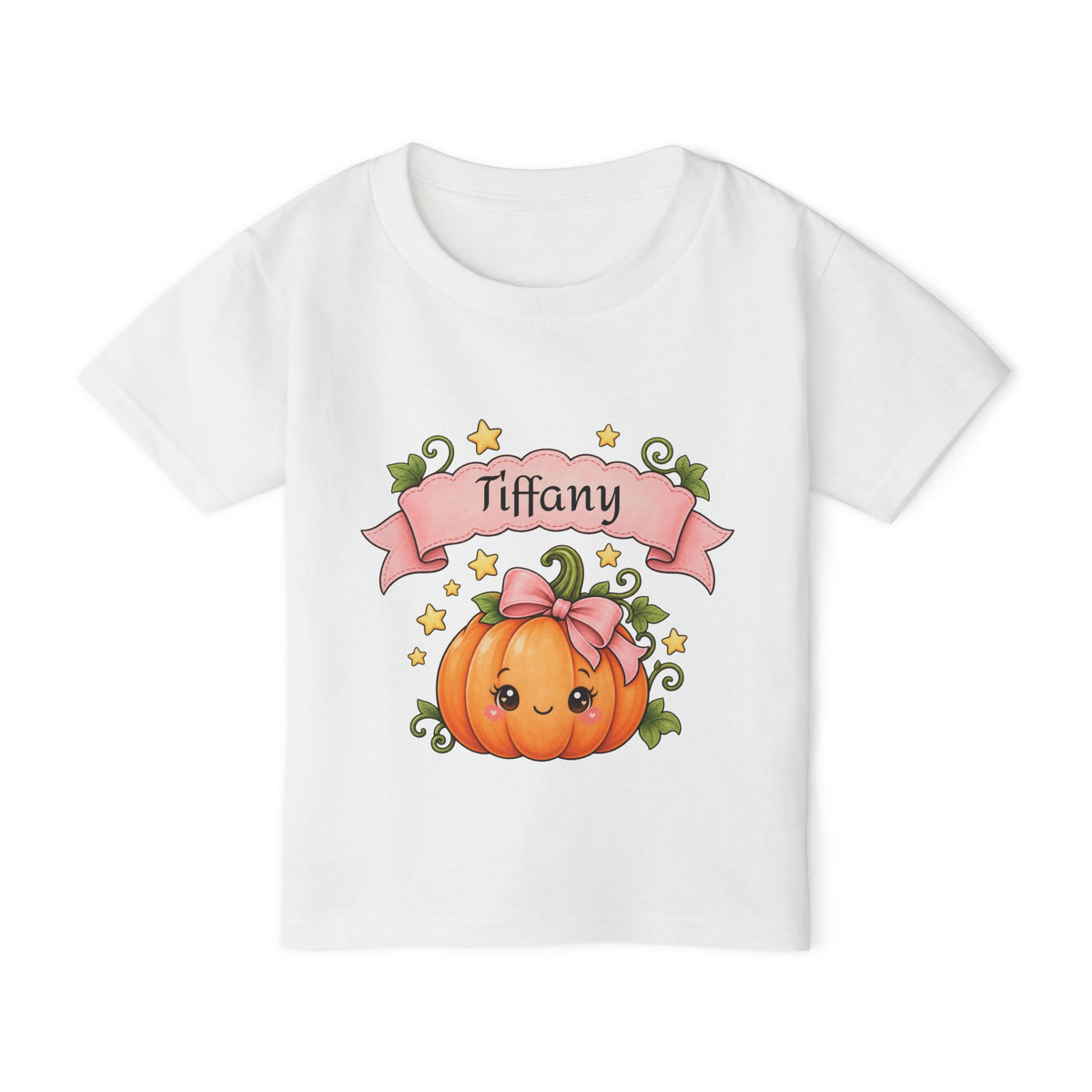 Personalized pink pumpkin Halloween toddler t-shirt with custom name banner, front flat lay