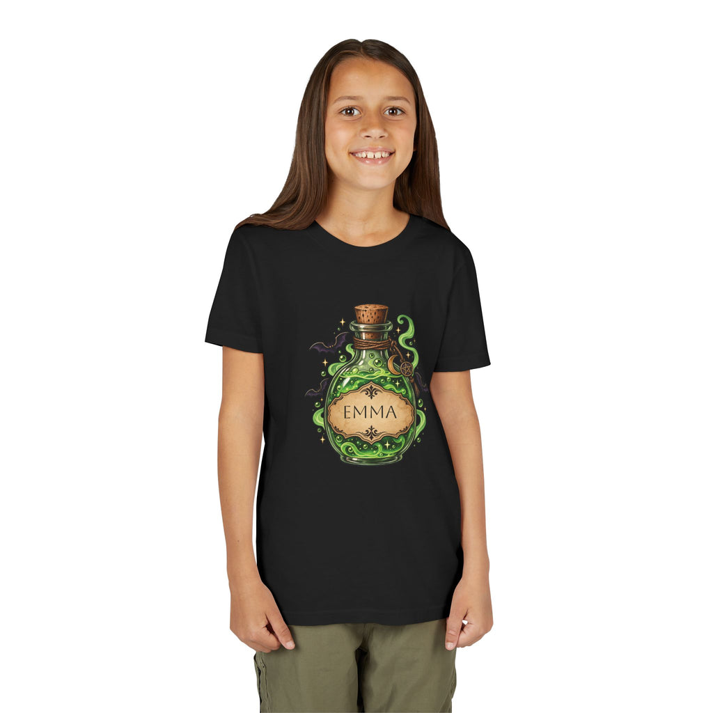 Personalized magic potion Halloween kids t-shirt in black colorway