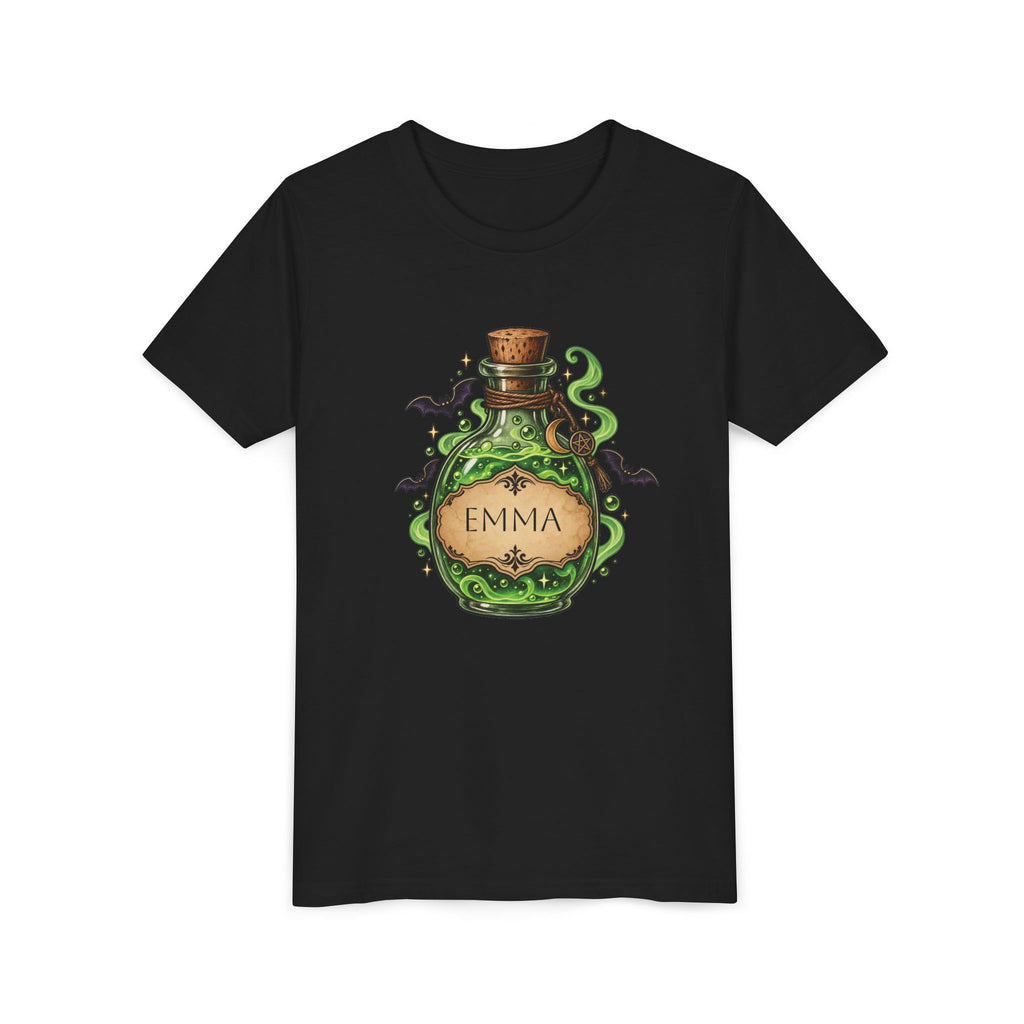 Boy wearing personalized magic potion Halloween t-shirt
