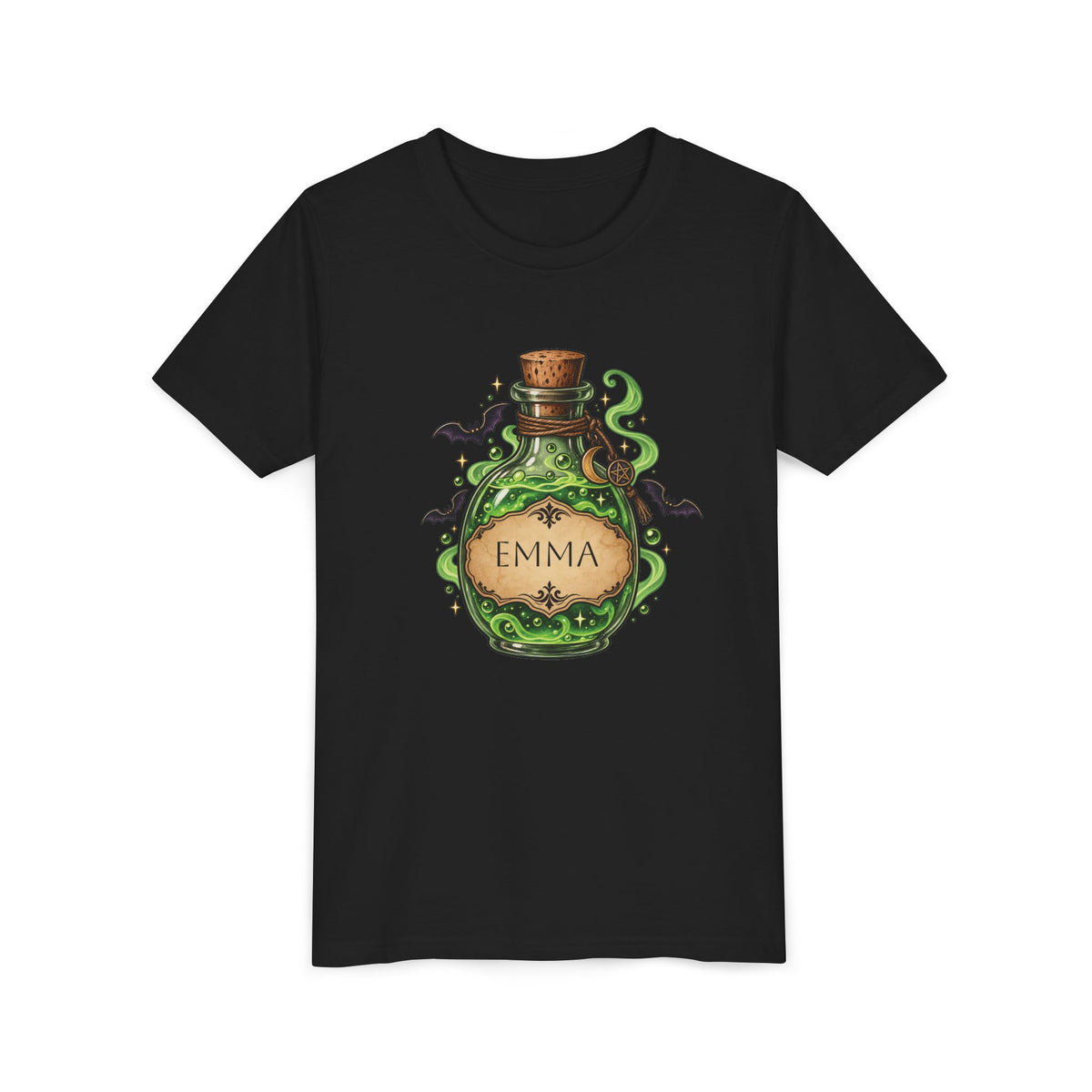Boy wearing personalized magic potion Halloween t-shirt