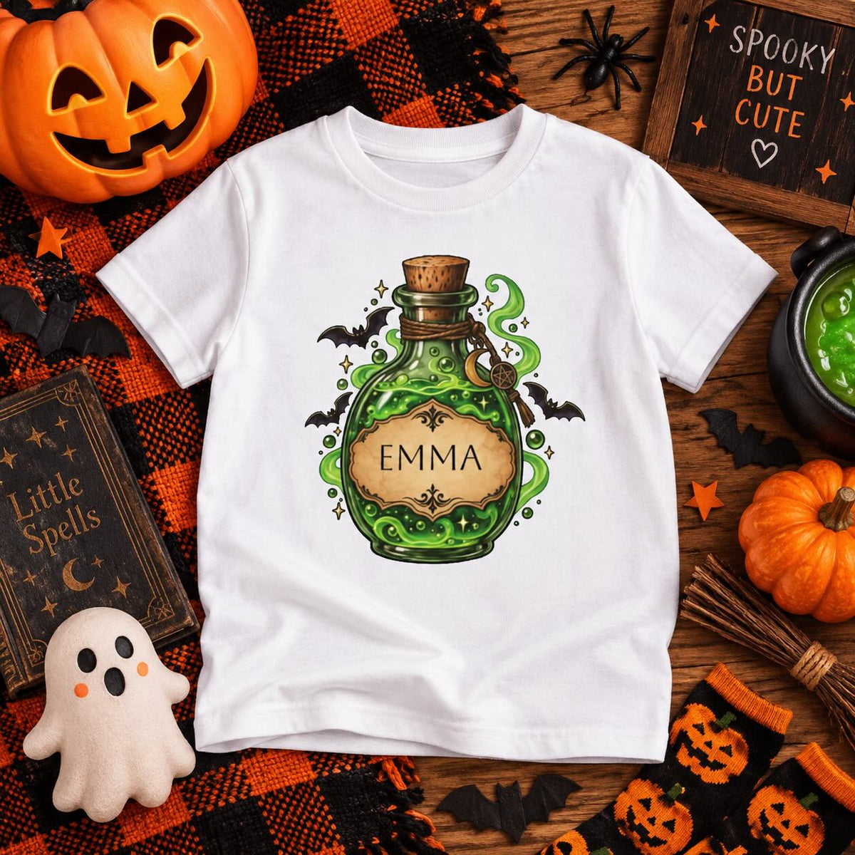 Girl wearing personalized magic potion Halloween t-shirt