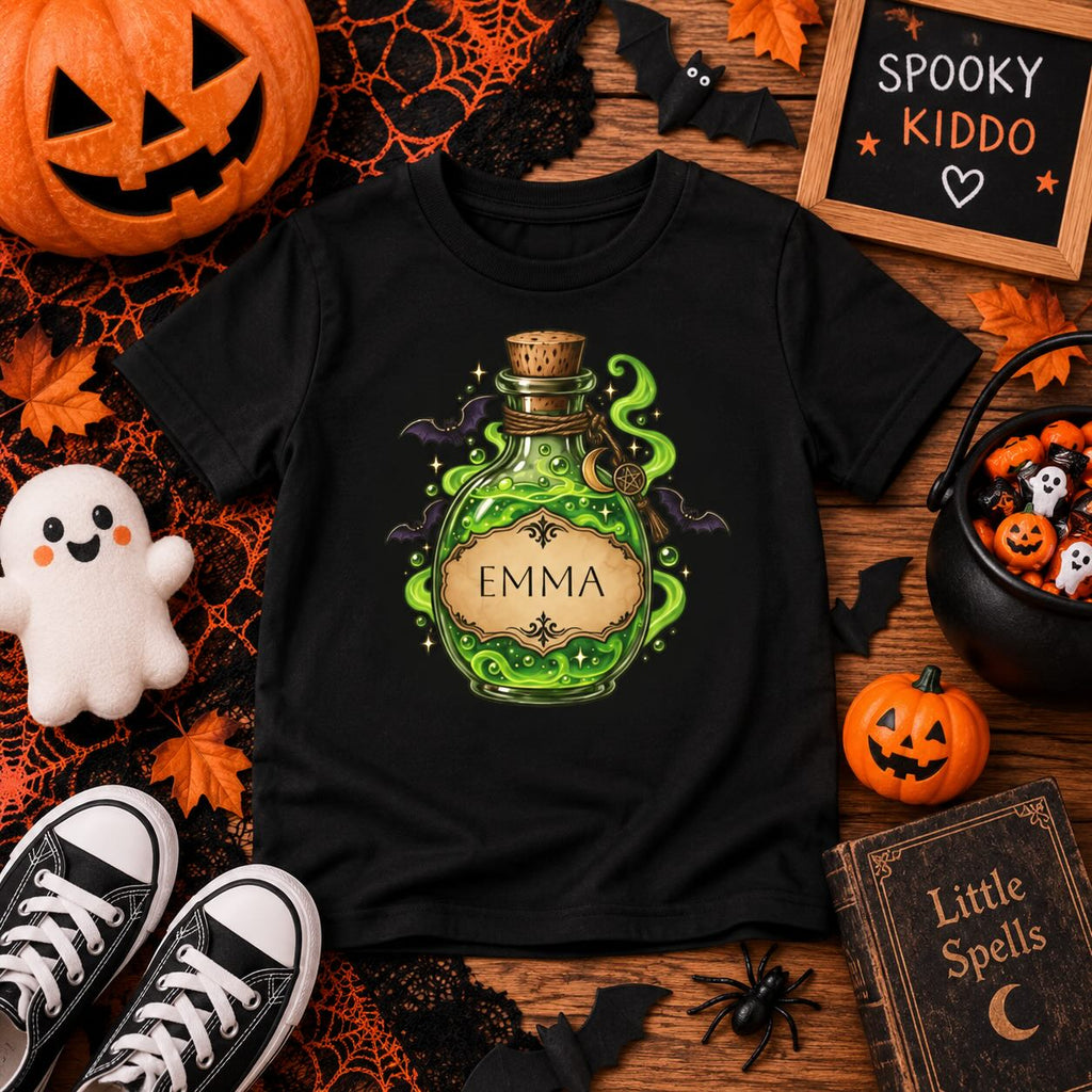 Kid wearing personalized magic potion Halloween t-shirt at home