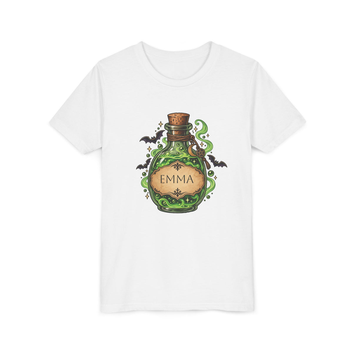 Personalized magic potion bottle Halloween kids t-shirt with custom name, front flat lay