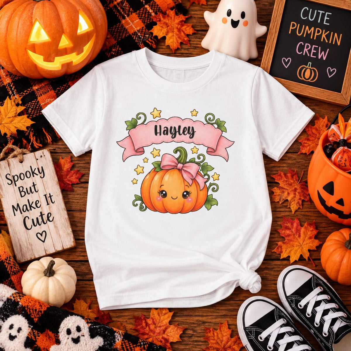 Boy wearing personalized cute pumpkin Halloween t-shirt