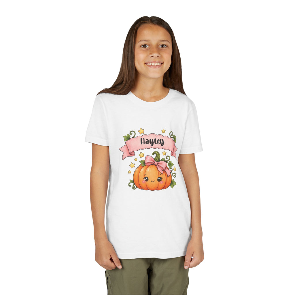 Close-up of cute pumpkin graphic with pink bow and custom name banner