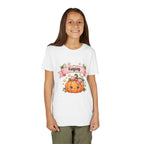 Close-up of cute pumpkin graphic with pink bow and custom name banner