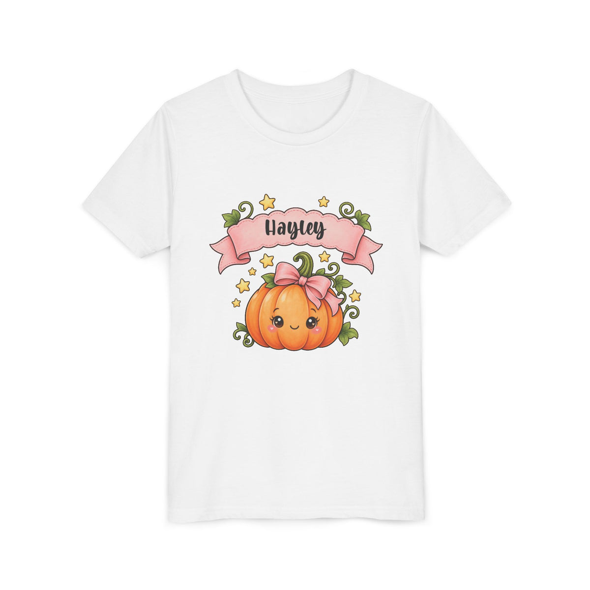 Personalized cute pumpkin Halloween kids t-shirt with custom name banner, front flat lay