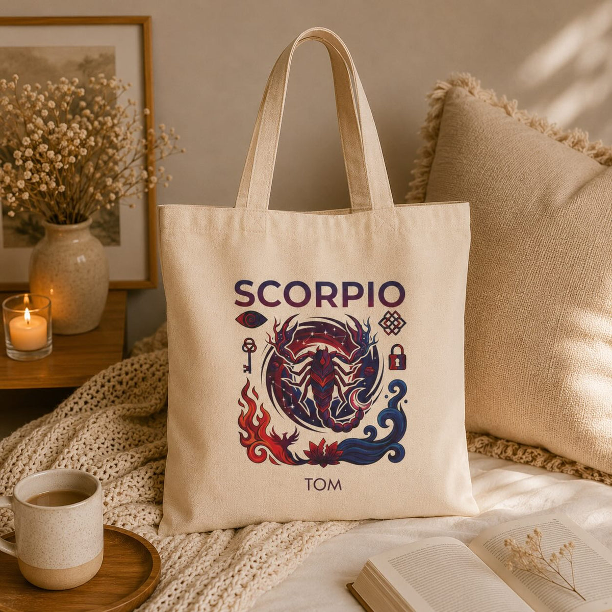 Personalized Scorpio zodiac tote bag styled on a tabletop with home decor
