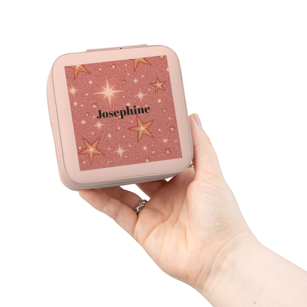 Back view of the pink personalized star jewelry travel case, plain exterior