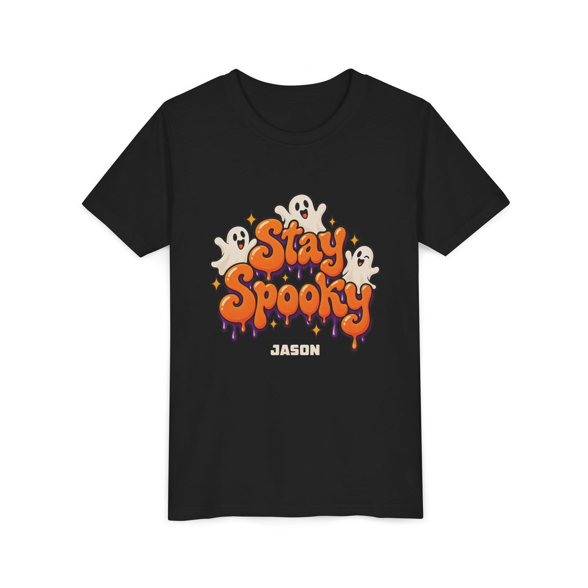 Boy wearing personalized Stay Spooky Halloween t-shirt