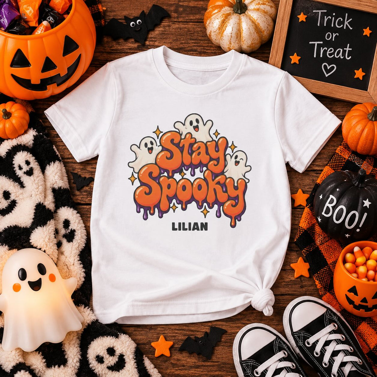 Girl wearing personalized Stay Spooky Halloween t-shirt