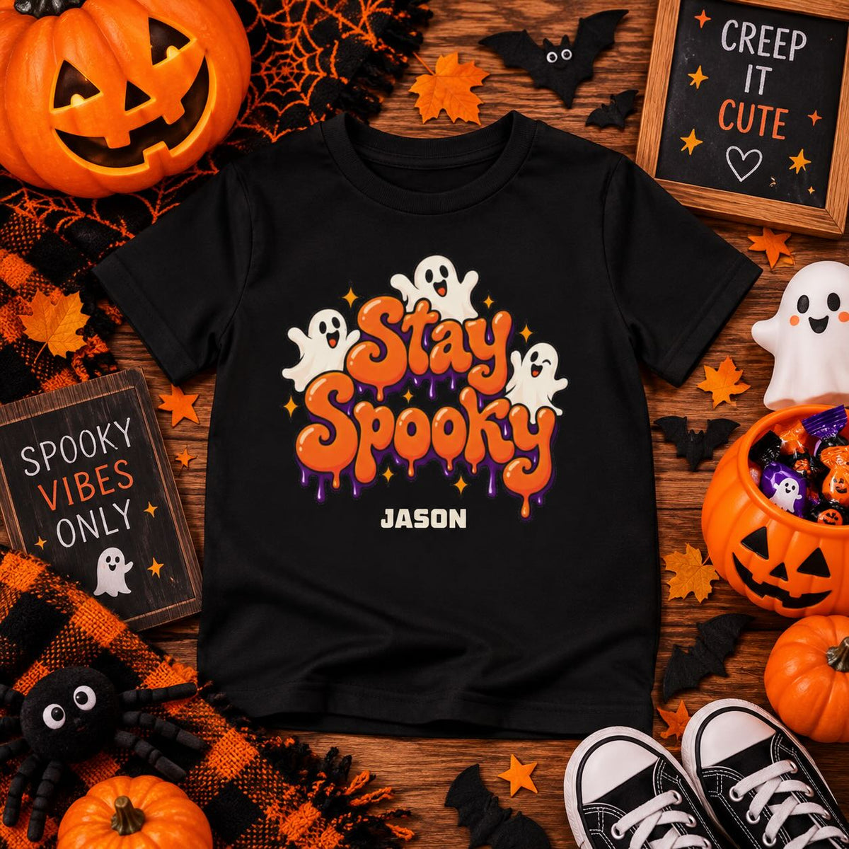 Kid wearing personalized Stay Spooky Halloween t-shirt at home