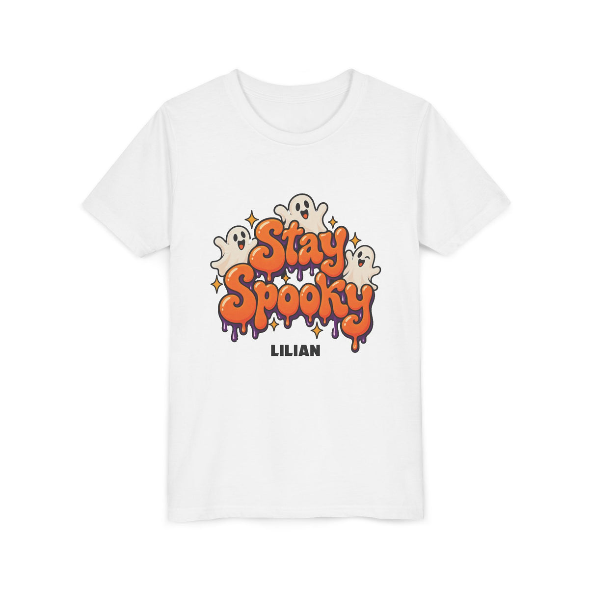 Personalized Stay Spooky Halloween kids t-shirt with custom name, front flat lay