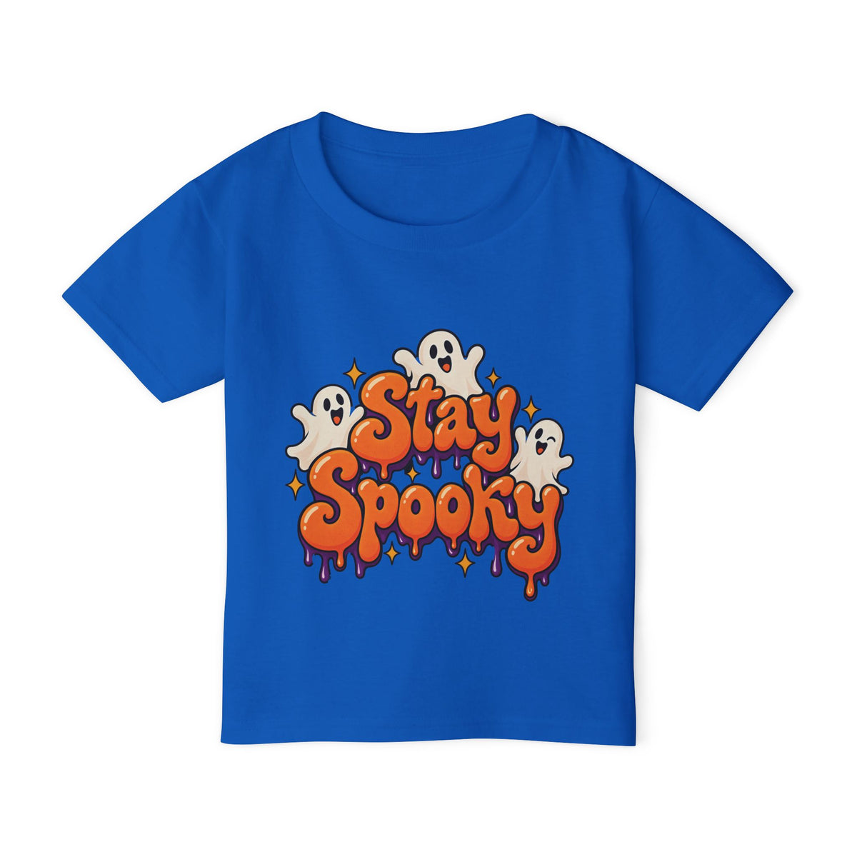 Toddler wearing personalized Stay Spooky Halloween t-shirt, back view showing custom name