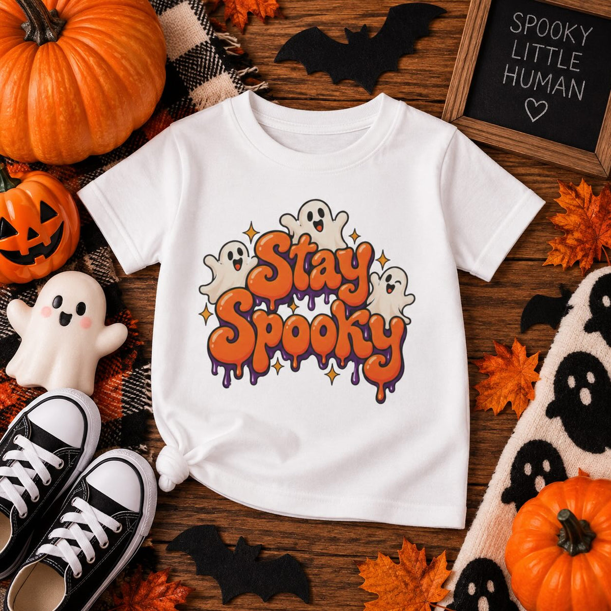 Close-up of Stay Spooky lettering and ghosts graphic on toddler tee