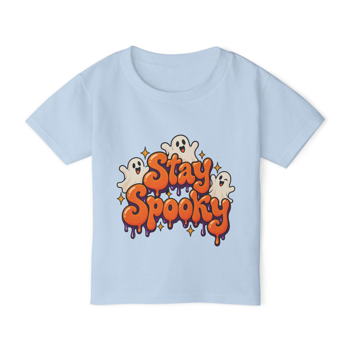 Toddler girl wearing personalized Stay Spooky Halloween t-shirt, front view