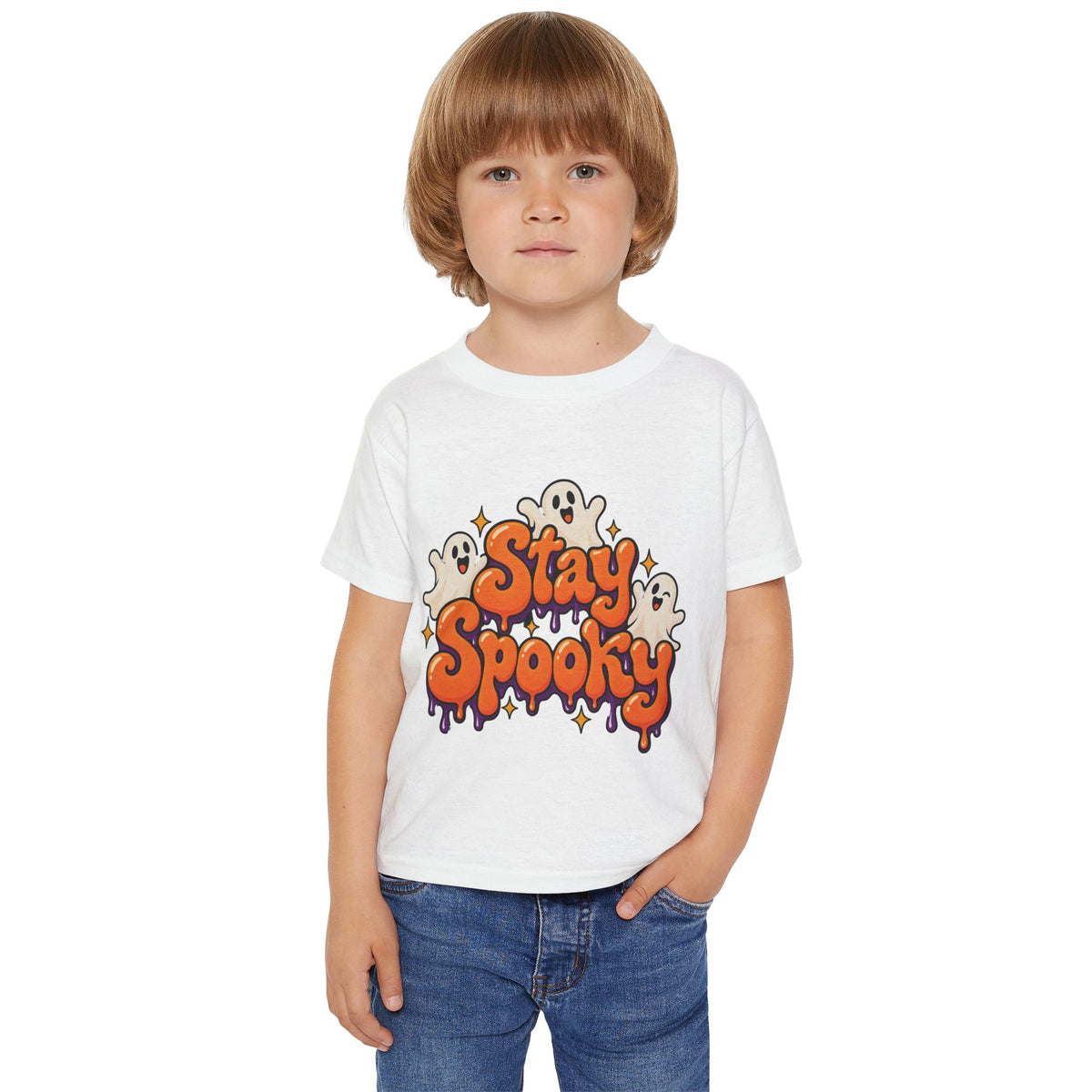 Close-up of custom name print on back of Stay Spooky toddler tee