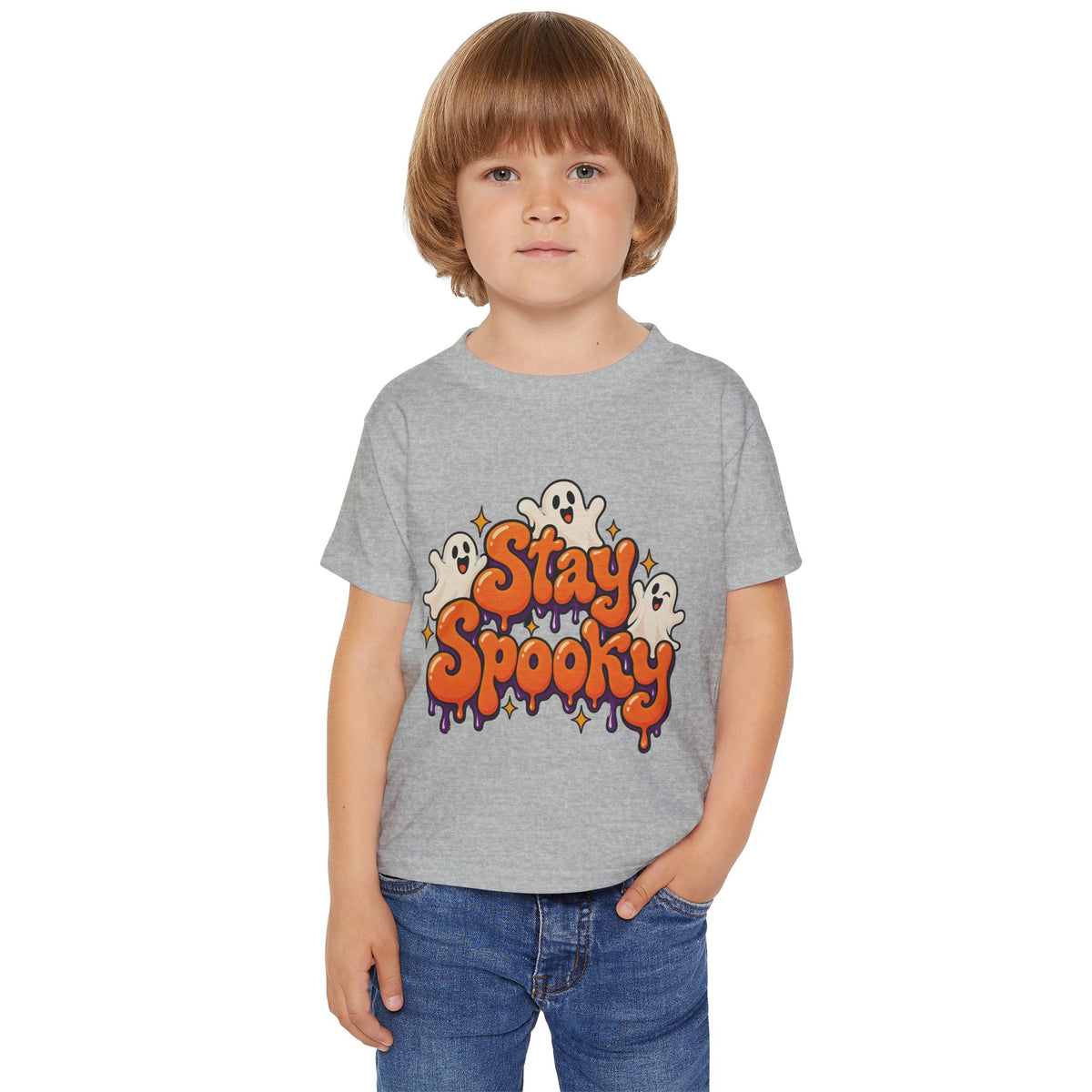 Toddler wearing personalized Stay Spooky Halloween t-shirt, side view