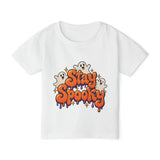 Stay Spooky Halloween toddler t-shirt, front flat lay with drippy lettering and ghosts