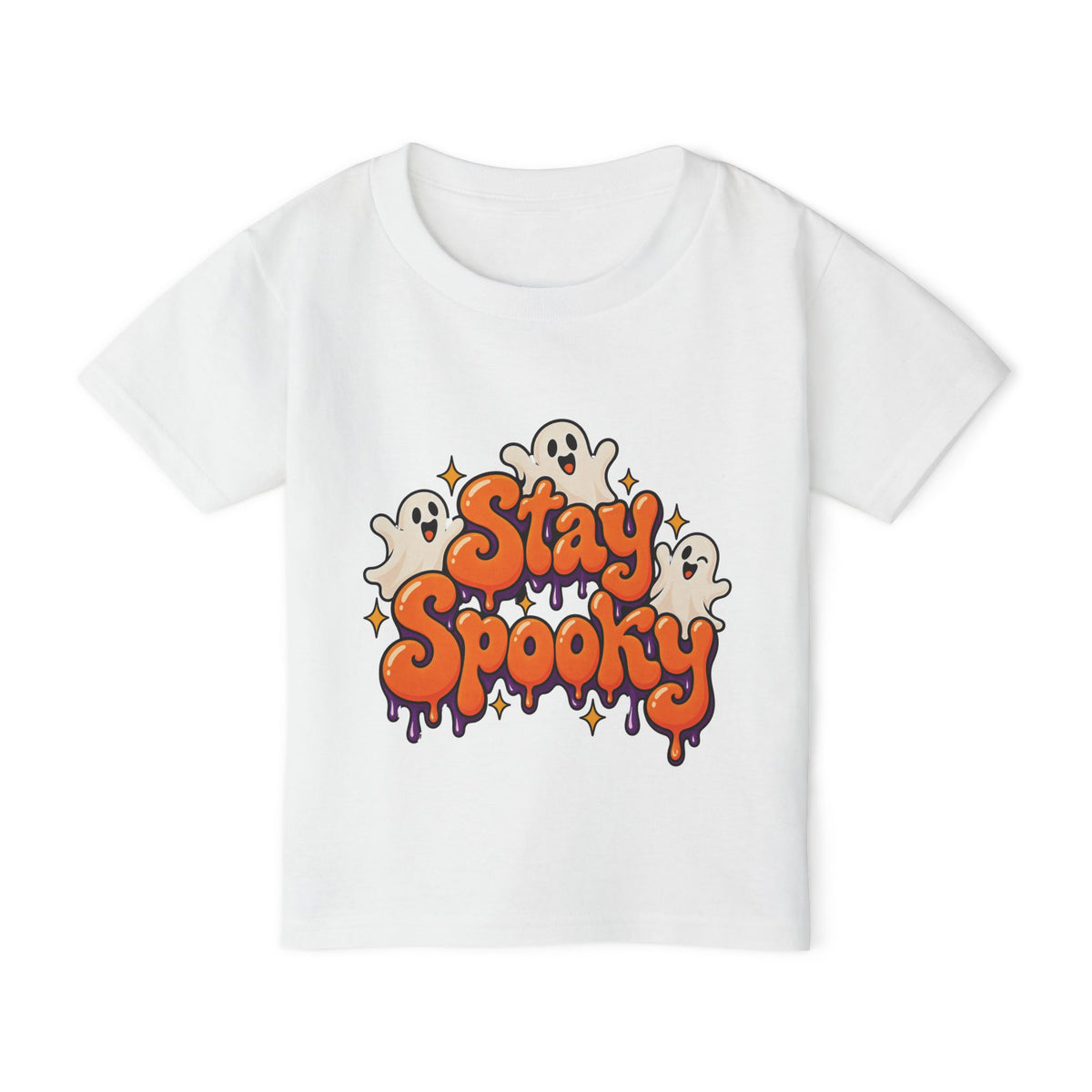 Stay Spooky Halloween toddler t-shirt, front flat lay with drippy lettering and ghosts