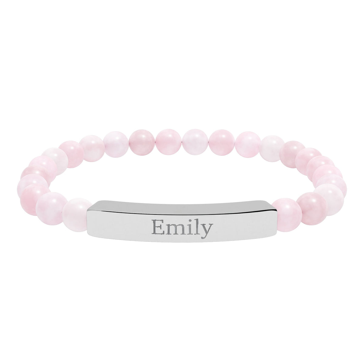 Personalized stone bracelet with pink rose quartz beads and engraved silver name plate