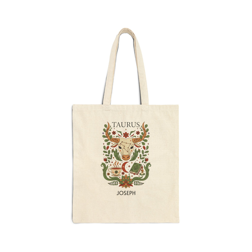 Personalized Taurus zodiac tote bag with custom name "Joseph" — main design