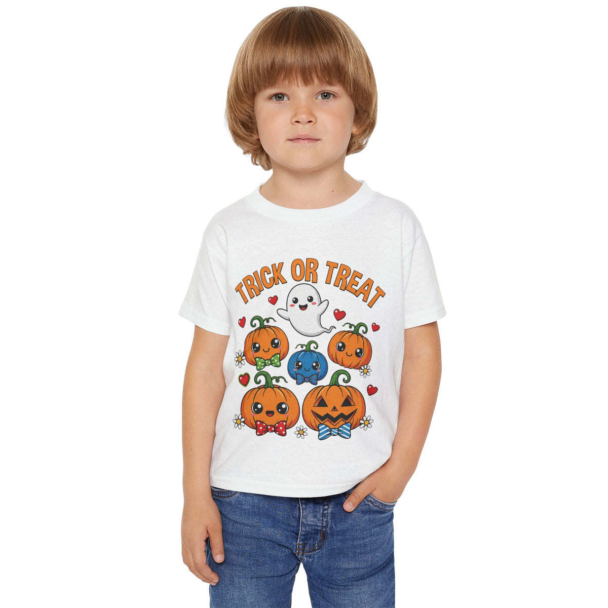 Toddler wearing personalized Trick or Treat Halloween t-shirt, back view showing custom name