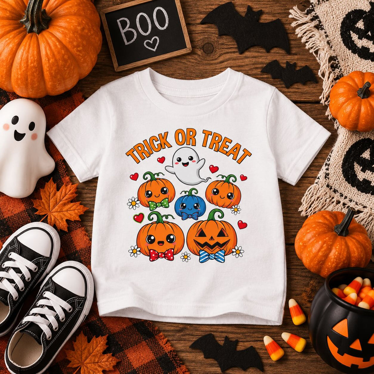 Toddler girl wearing personalized Trick or Treat Halloween t-shirt, front view