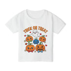Trick or Treat kawaii pumpkin toddler Halloween t-shirt, front flat lay