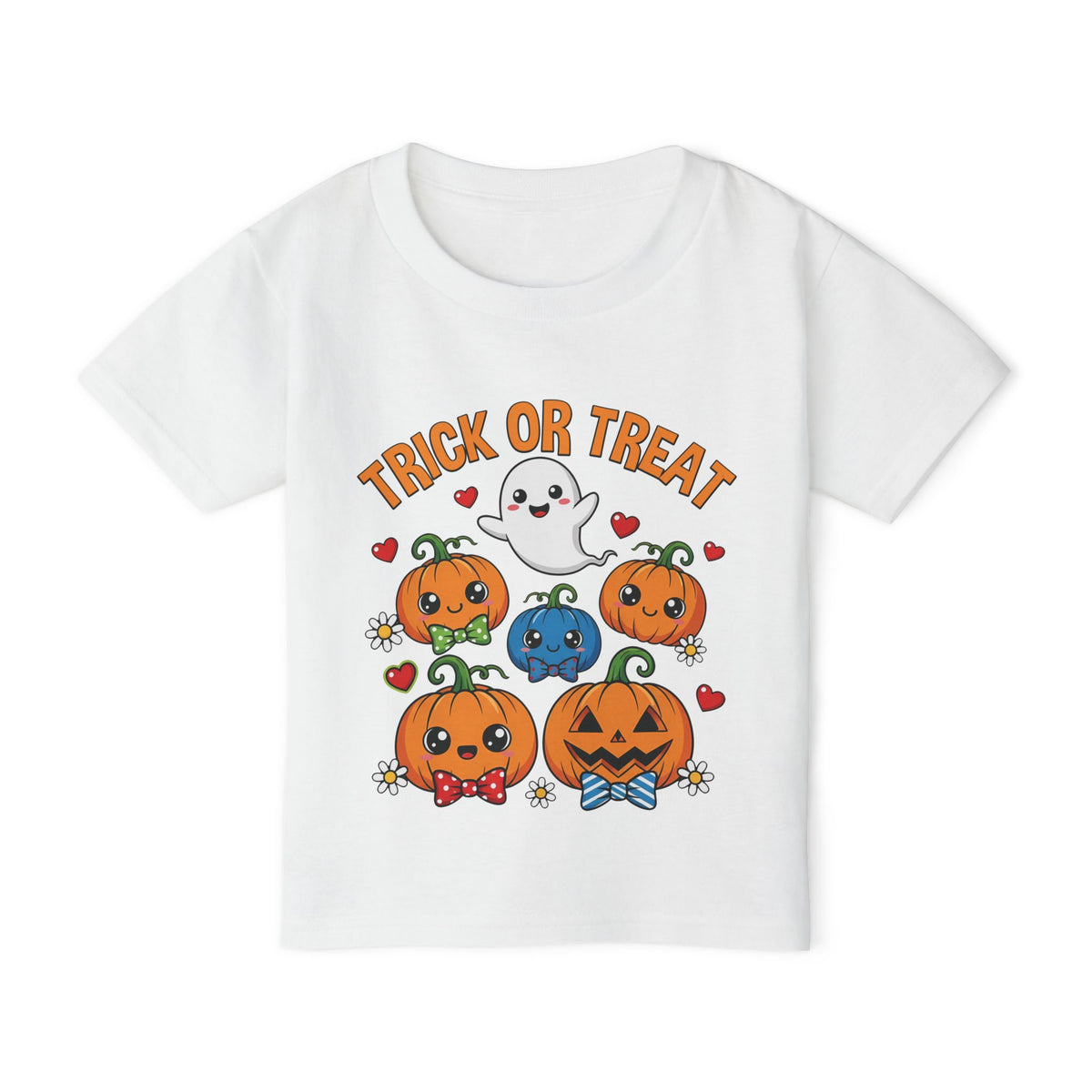 Trick or Treat kawaii pumpkin toddler Halloween t-shirt, front flat lay