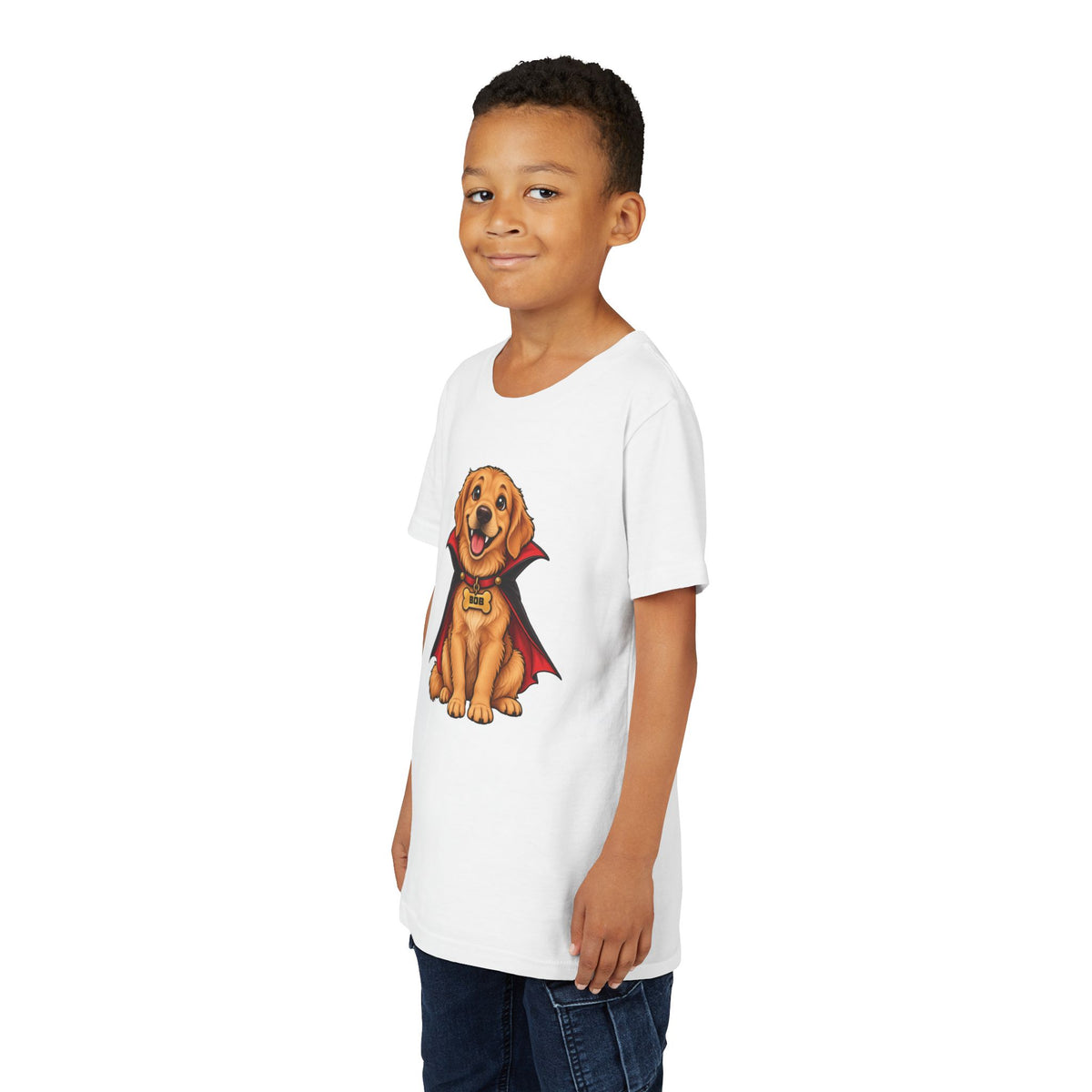 Personalized vampire puppy Halloween kids t-shirt, back view showing plain back