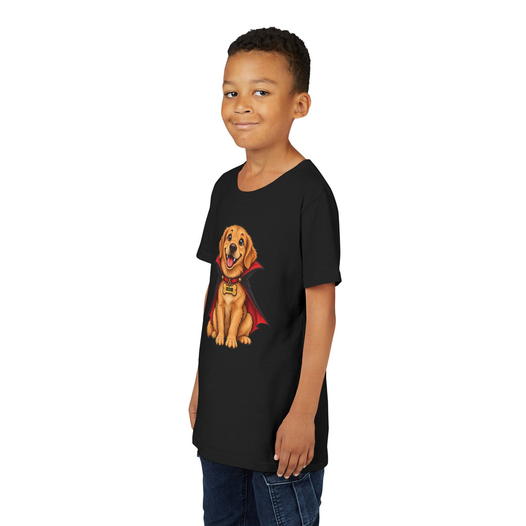 Personalized vampire puppy Halloween kids t-shirt in black colorway