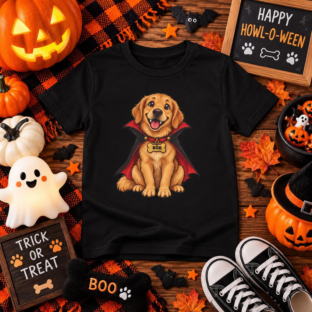 Personalized vampire puppy Halloween kids t-shirt, close-up of fabric texture