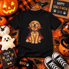 Personalized vampire puppy Halloween kids t-shirt, close-up of fabric texture